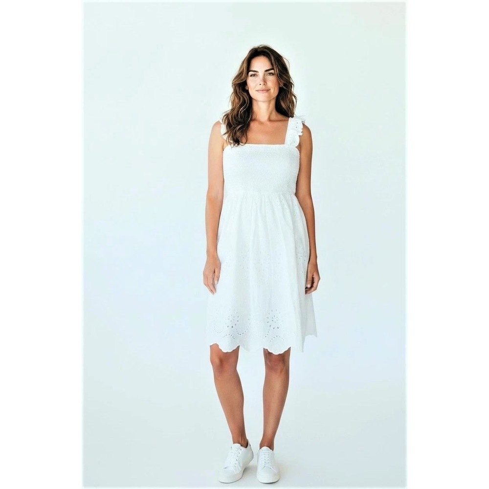 Andree by Unit Ivory Eyelet Dress Smocked Ruffle Strapโ Midi White Small NWT